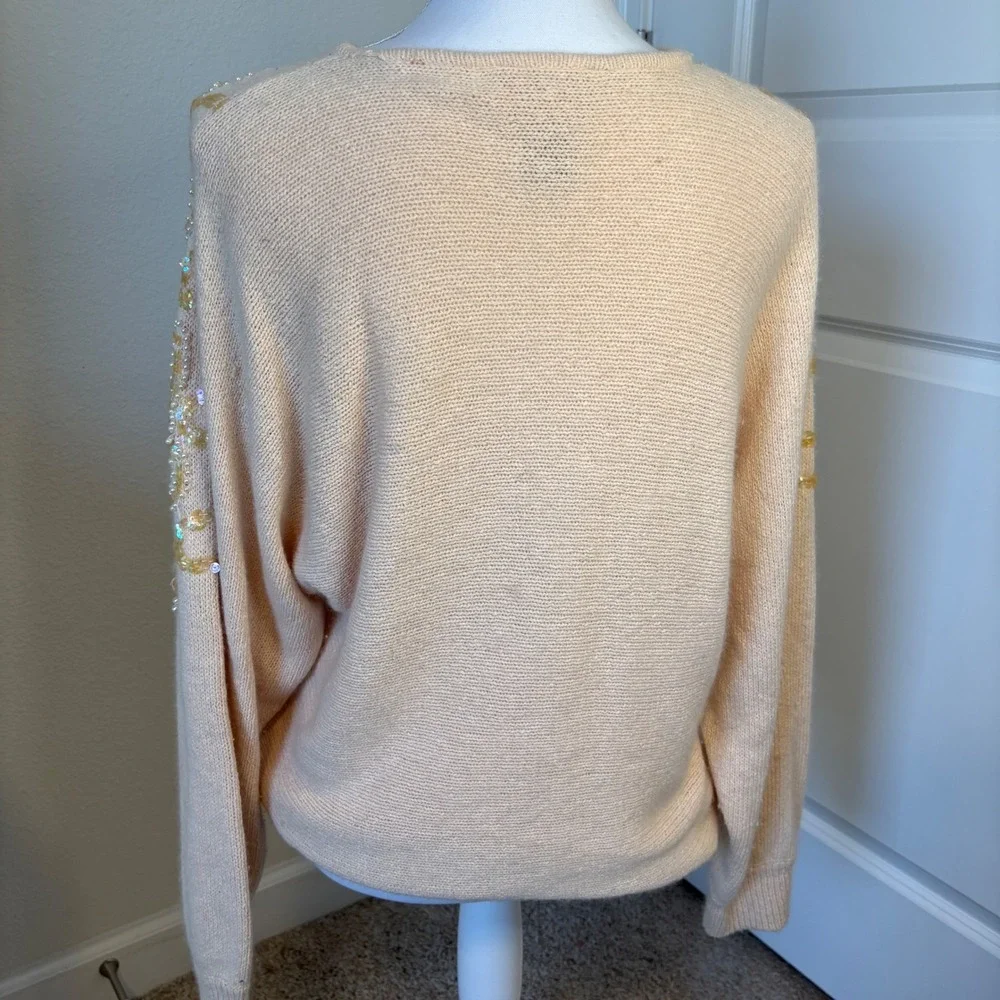Jaclyn Smith Vintage Silk Angora Blend Beaded Sequin Bow Sweater Peach Small